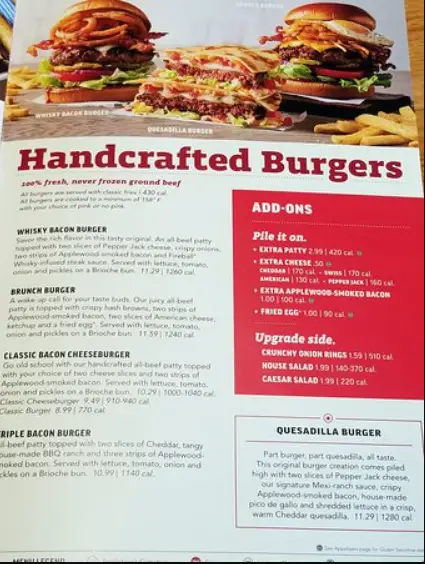 Applebee's Handcrafted Burgers Menu