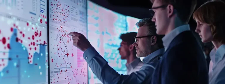 Four business professionals discuss vendors and point at software for request proposal